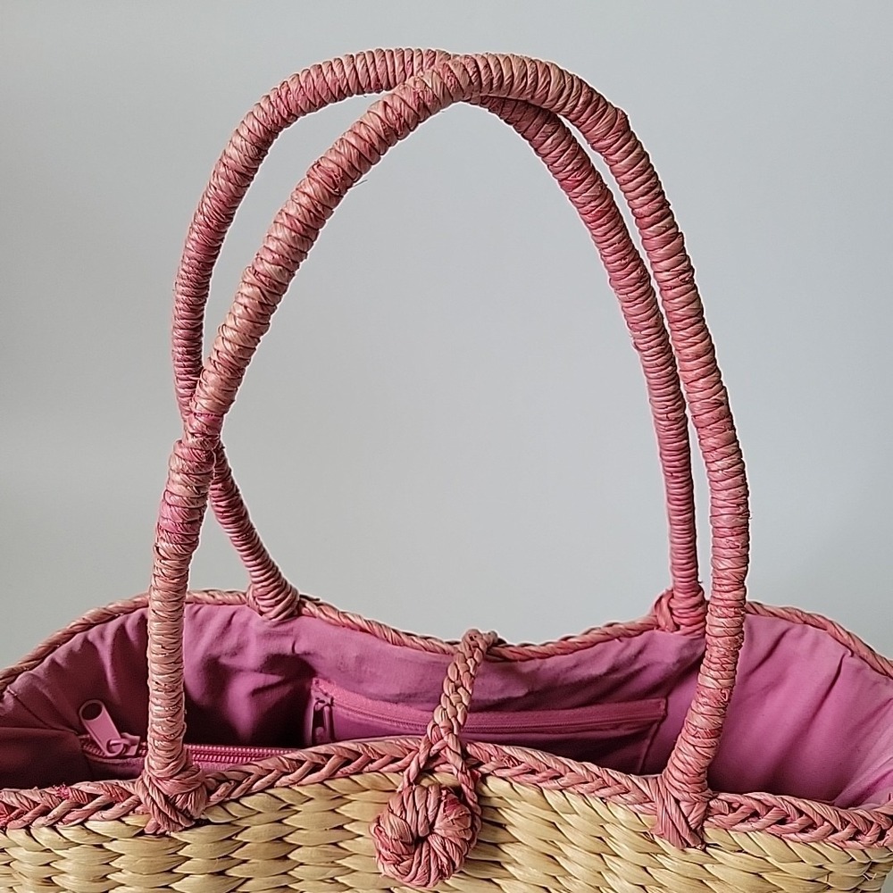 Vintage Handmade Floral Embroidered Straw Tote‎ Bag Beach Mod Resort Retro - Picture 7 of 16